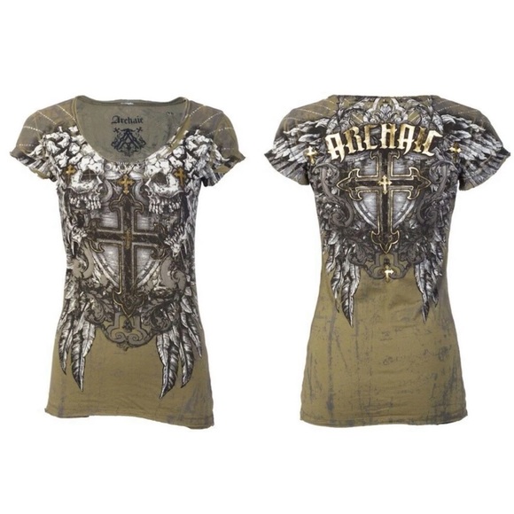 ARCHAIC by AFFLICTION Womens T-shirt Criterion Skulls Green Slim Fit S-XL - Picture 3 of 9